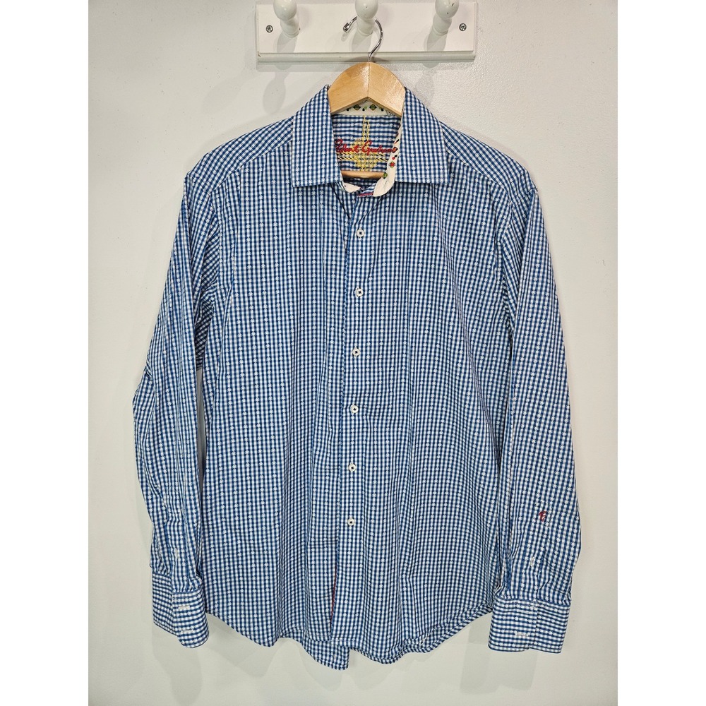 Robert Graham Mens Blue Gingham Star Print Button Down Shirt Scrabble Trim L